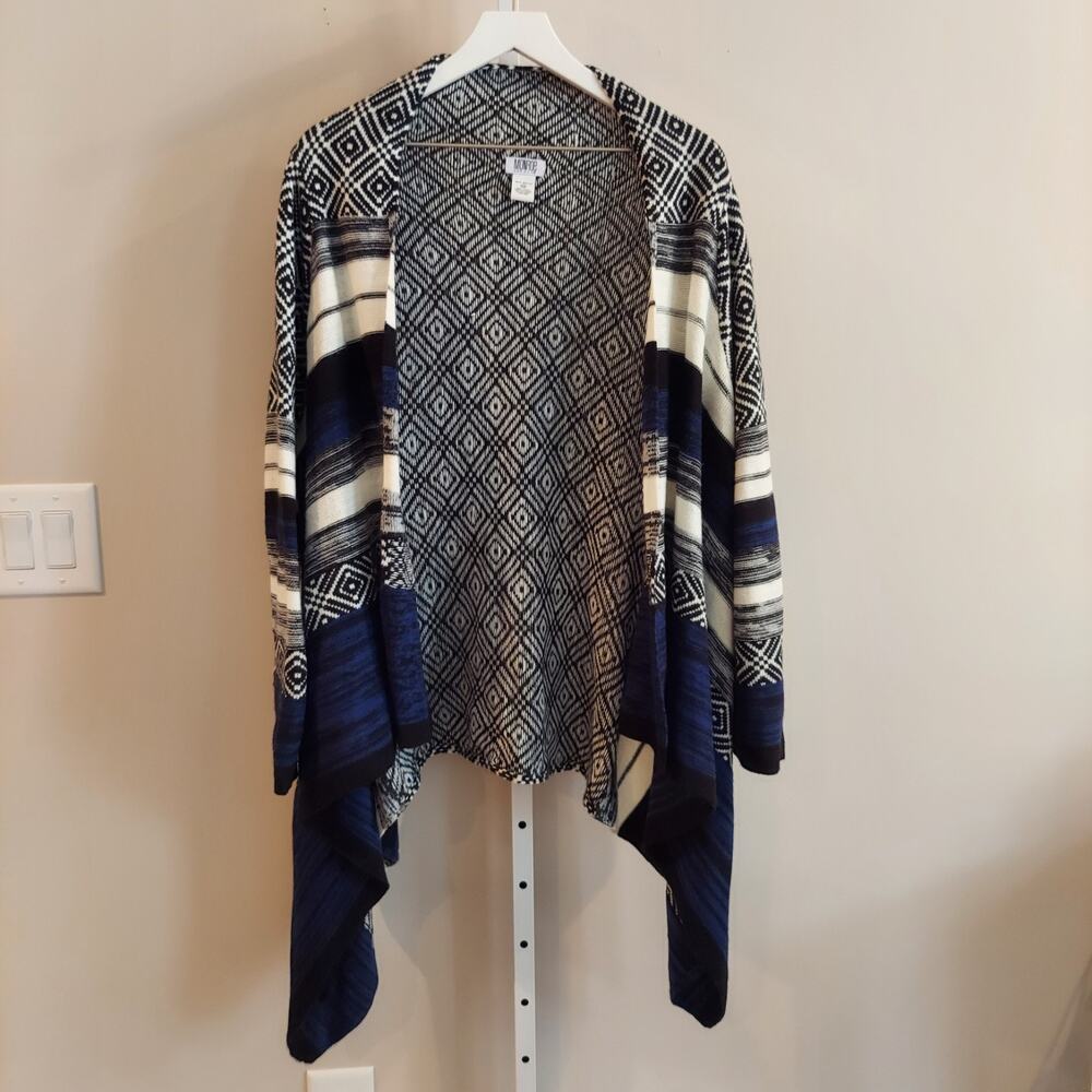 Monroe and Main Blue Black White Geometric Waterfall Cardigan Sweater 2X